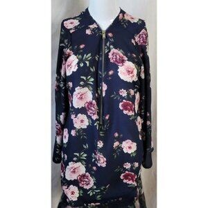 Wishful Park Blouse Retro Colorful roses 1/2 zip floral tunic Medium Romantic